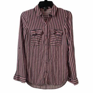 EXPRESS S|P The City Shirt Stripe Button Rolled Up Sleeve Pink Gray Top Blouse